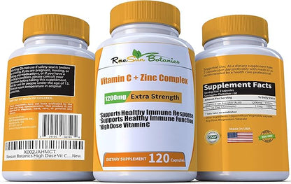 High Dose Extra Strength 1200mg Vitamin C + Zinc Complex for Immune Support Health 120 Capsule 2 Month Supply Veggie Capsule Non-GMO Gluten Free Vegan