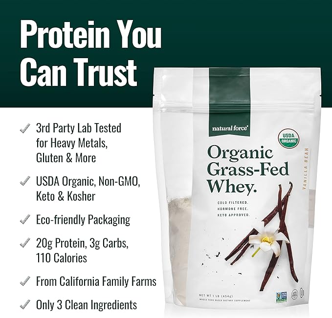 Natural Force Pure Omega 3 - Liquid Fish Oil Lemon Cake Flavor Grass Fed Organic Whey Protein Powder Vanilla Flavor