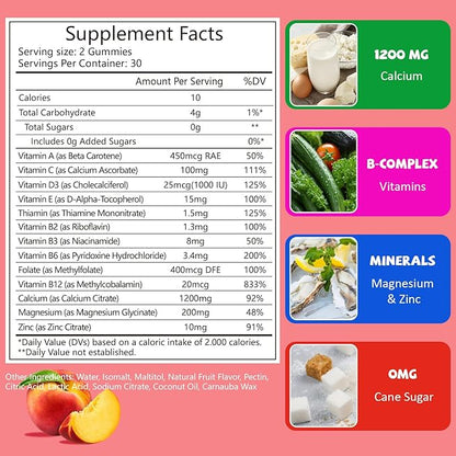 Calcium Gummies for Women 1200 mg, Calcium Chewables with Vitamin D3 Magnesium Zinc, Vegan, Sugar Free, Gluten Free, 60 Count