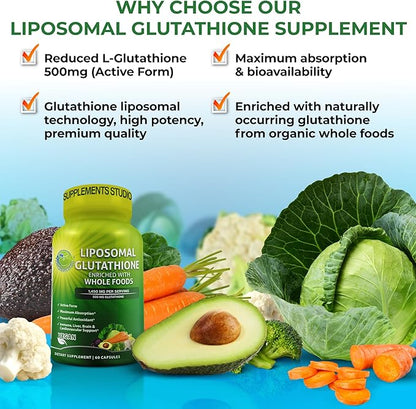 Liposomal Glutathione 500mg - Active Form L Glutathione (Reduced) for Maximum Absorption - Made with Organic Whole Foods - Master Antioxidant & Detoxifier - Immune & Cardiovascular Support - 60 count