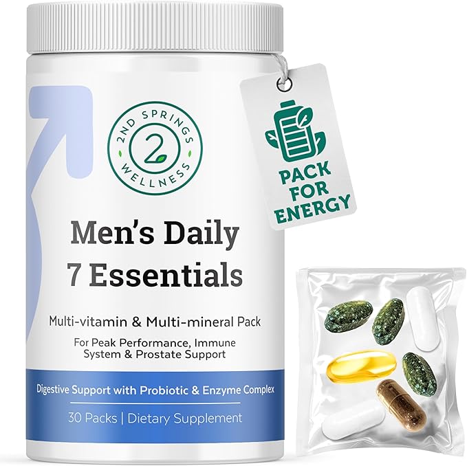 Daily 7 Essentials Men's Vitamin Pack - 7 Pack Adult Male Multivitamin & Multimineral Pack for Energy, Metabolism, Immune System Support, Prostate Support with Probiotic, Digestive Enzymes