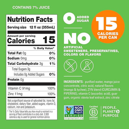 ZYN Turmeric Wellness Drink (24 Pack), Mango Lychee Flavored Turmeric Curcumin Drink with Black Pepper, No Added Sugar, Low Carb & Low Calorie Drink, Clean Alternative