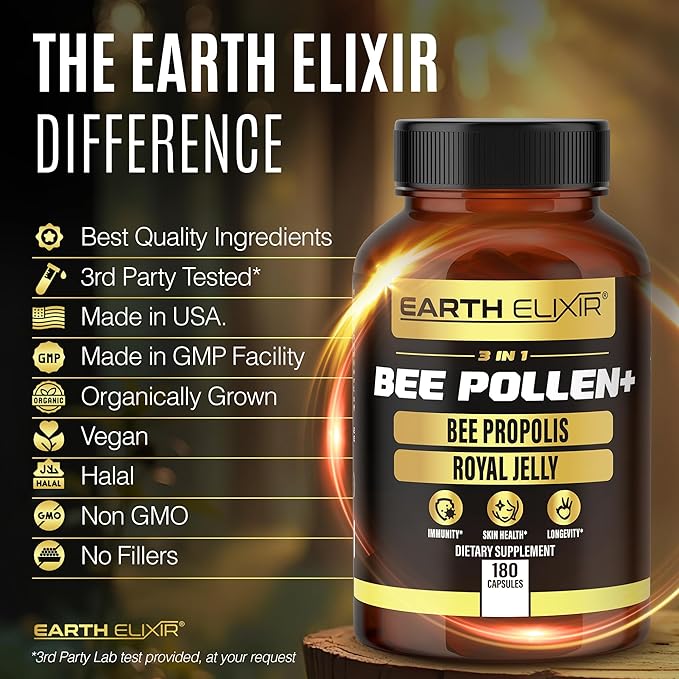 3-in-1 Bee Pollen Organic 840mg (180 Caps) W/ 840mg Bee Propolis Capsule & 840mg Royal Jelly Capsule - 3rd Party Tested - Bee Pollen Supplement - Organic Bee Pollen Capsule -No Fillers