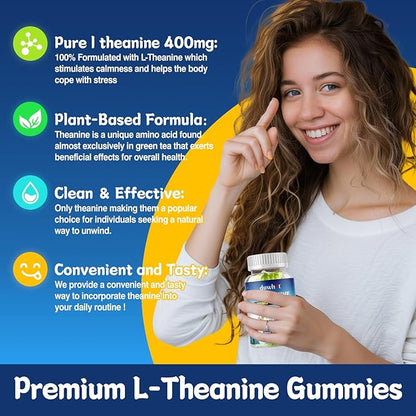 l theanine Gummy, l-theanine 400mg Supplement for Adults & Kids, Organic l'theanine Chewable for Stress Relief, Focus and Relaxation, Vegan, 60 Gummies