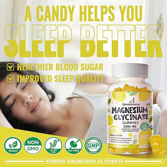 Magnesium Glycinate Gummies 2500mg - Sugar Free Magnesium Potassium Supplement with Vitamin D, B6, CoQ10 for Calm Mood & Sleep Support - 90 Lemon Gummies