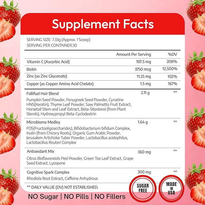 Follifuel Hair Growth Powder Drink Mix for Women & Men | 3-in-1 Hair, Gut & Energy Support | Biotin, Zinc, Caffeine & Saw Palmetto | Hair Vitamins for Thinning Hair | Strawberry Lemonade | 30 Servings