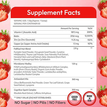 Follifuel Hair Growth Powder Drink Mix for Women & Men | 3-in-1 Hair, Gut & Energy Support | Biotin, Zinc, Caffeine & Saw Palmetto | Hair Vitamins for Thinning Hair | Strawberry Lemonade | 30 Servings