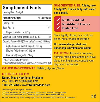Nature Made Flaxseed Oil 1000 mg, Dietary Supplement for Heart Health Support, 180 Softgels (Pack of 2)