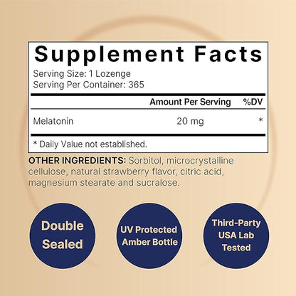 NatureBell Melatonin 20mg, 365 Fast Dissolve Tablets - Natural Strawberry Flavor - Vegetarian Chewable Lozenges for 1 Year Supply, High Potency | Non-GMO, No Gluten