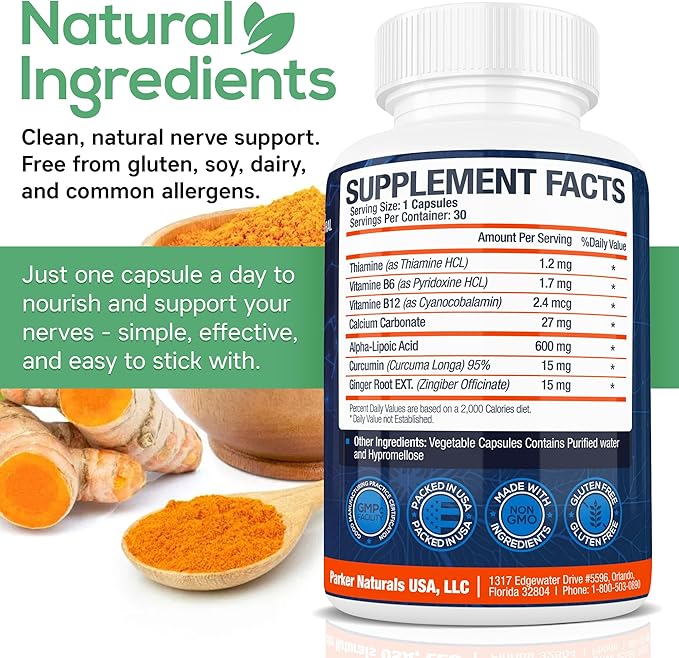 Alpha Lipoic Acid 600mg, Nerve Support Supplement Enriched with Thiamine, Curcumin, Ginger Root, and Vitamin B6, B12 All in One | Vegan Neuro Health Supplement, Lab Tested, 30 Capsules