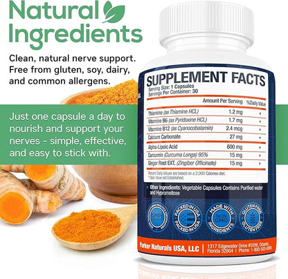 Alpha Lipoic Acid 600mg, Nerve Support Supplement Enriched with Thiamine, Curcumin, Ginger Root, and Vitamin B6, B12 All in One | Vegan Neuro Health Supplement, Lab Tested, 30 Capsules