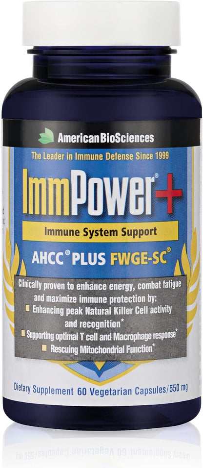ImmPower Plus - Immune Support and Mitochondrial Rescue - AHCC & Fermented Wheat Germ Extract - Mushroom Extract Supplement - 60 Vegetarian Capsules, 550mg/capsule