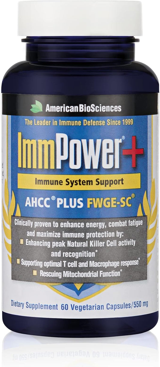 ImmPower Plus - Immune Support and Mitochondrial Rescue - AHCC & Fermented Wheat Germ Extract - Mushroom Extract Supplement - 60 Vegetarian Capsules, 550mg/capsule