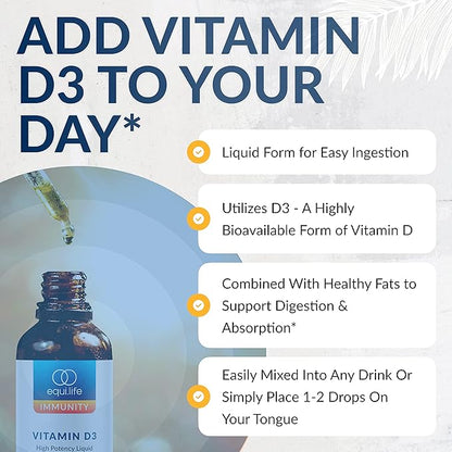 Equilife - Vitamin D3: Liquid Vitamin 3 Supplement, Immunity Support Drop, Promotes Bone Health, Helps Increase The Effectiveness of Calcium & Phosphorus, Formulated for Maximum Absorption (12 ml)