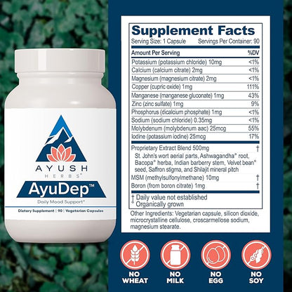 Ayush Herbs AyuDep - Saffron & Ashwagandha Supplements, Uplifting Formula for Women & Men, Herbal Support for Adults - 90 Vegetarian Capsules (1 Count)