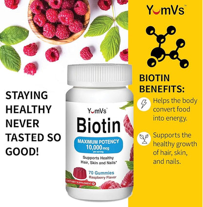 Biotin 10000 mcg Maximum Potency Gummies by YumVs | for Adults Women & Men | Hair, Skin & Nails Support | Natural Raspberry Flavor - 70 Count