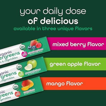 Organic Super Greens Powder, 70+ Superfoods, 0 Sugar, 3G Fiber, Spirulina, Chlorella, Antioxidants, Prebiotics/Probiotics, Digestive Enzymes, Green Apple, 30 Drink Mix Packets