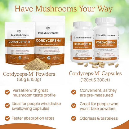 Real Mushrooms Cordyceps Capsules - Performance Mushroom Extract Supplement with Organic Militaris for Energy Immune Support Vegan Supplement, Non-GMO, 300 Caps