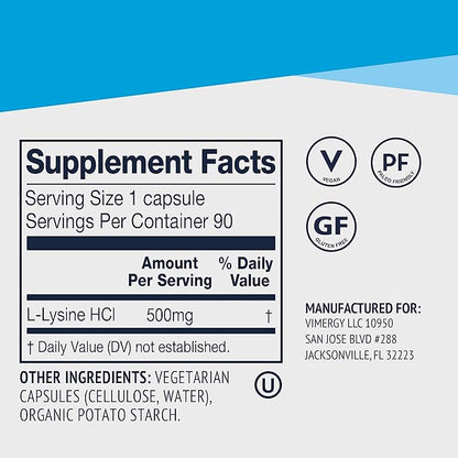 Vimergy L-Lysine – Promotes Healthy Skin, Hair & Nails* – Supports Healthy Metabolism* – Vegan, Non-GMO & Gluten-Free – 90 Capsules