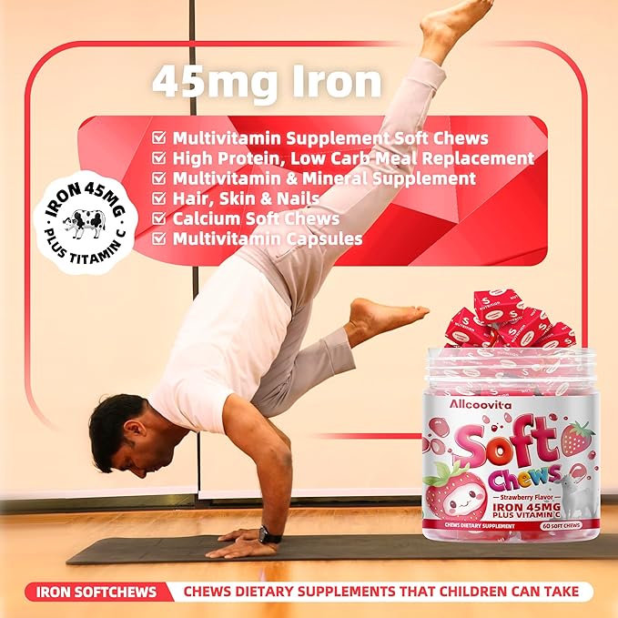 Iron Soft Chew Supplement with Vitamin C | Strawberry Flavored | Gluten Free | Iron Supplement for Women Men and Kids | 60 Count | 2 Month Supply