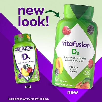 Vitafusion Vitamin D3 Gummy Vitamins for Bone and Immune System Support, Peach, Blackberry and Strawberry Flavored, 50 mcg Vitamin D, America’s Number 1 Gummy Vitamin Brand, 75 Day Supply, 150 Count