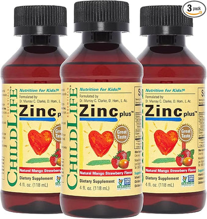 CHILDLIFE ESSENTIALS Liquid Zinc Plus - Zinc for Kids, Zinc Supplements, Zinc Drops, Pure Zinc Liquid, Toddler Zinc, Zinc Gluconate & Copper, Immune Support - Mango Strawberry, 4 Fl Oz (Pack of 3)