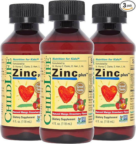 CHILDLIFE ESSENTIALS Liquid Zinc Plus - Zinc for Kids, Zinc Supplements, Zinc Drops, Pure Zinc Liquid, Toddler Zinc, Zinc Gluconate & Copper, Immune Support - Mango Strawberry, 4 Fl Oz (Pack of 3)