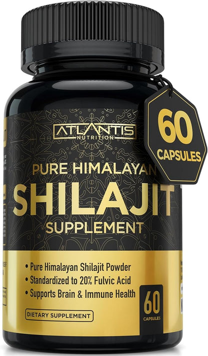 Atlantis Nutrition Himalayan Shilajit Capsules Formulated with 20% Fulvic Acid | 10:1 Extract Providing 10,000mg D.H.E. | USA Made | Himalayan Shilajit Supplement for Men & Women | 60 Capsules