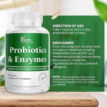 Probiotics and Multi Enzymes with Prebiotics for Digestive Health & Bloating Relief for Women & Men, Enzymes & Probiotics for Gut & Digestion - 30 Caps (1 Bottle, 30 Capsules)