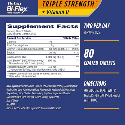Osteo Bi-Flex Triple Strength(5) with Vitamin D Glucosamine Chondroitin Joint Health Supplement, Coated Tablets, 80 Count (Pack of 2)