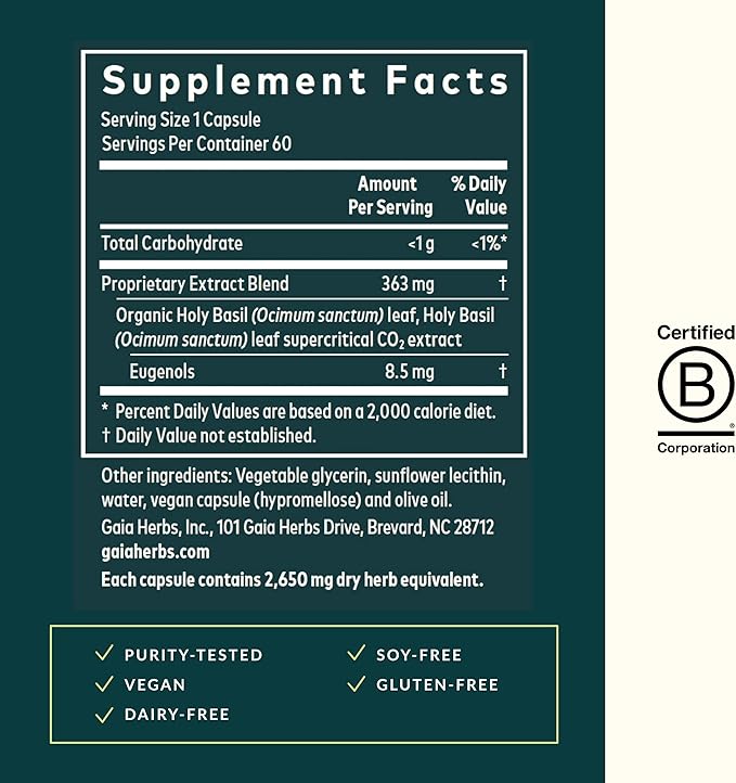 Gaia Herbs Holy Basil Leaf - Helps Sustain a Positive Outlook and Balance in Times of Stress - an Adaptogenic Ayurvedic Herb - 60 Vegan Liquid Phyto-Capsules (30-Day Supply)