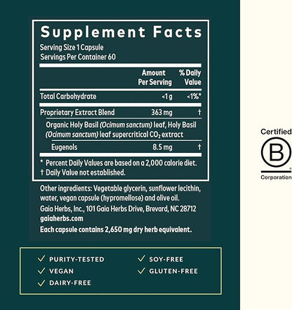 Gaia Herbs Holy Basil Leaf - Helps Sustain a Positive Outlook and Balance in Times of Stress - an Adaptogenic Ayurvedic Herb - 60 Vegan Liquid Phyto-Capsules (30-Day Supply)