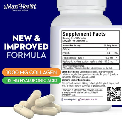 Maxi Health Collagen with Hyaluronic Acid Capsules - 1.5X More Efficient Absorption - Kosher Type I Hydrolyzed Marine Collagen Capsules Hyaluronic Acid Supplements for Hair, Skin, 180 Count