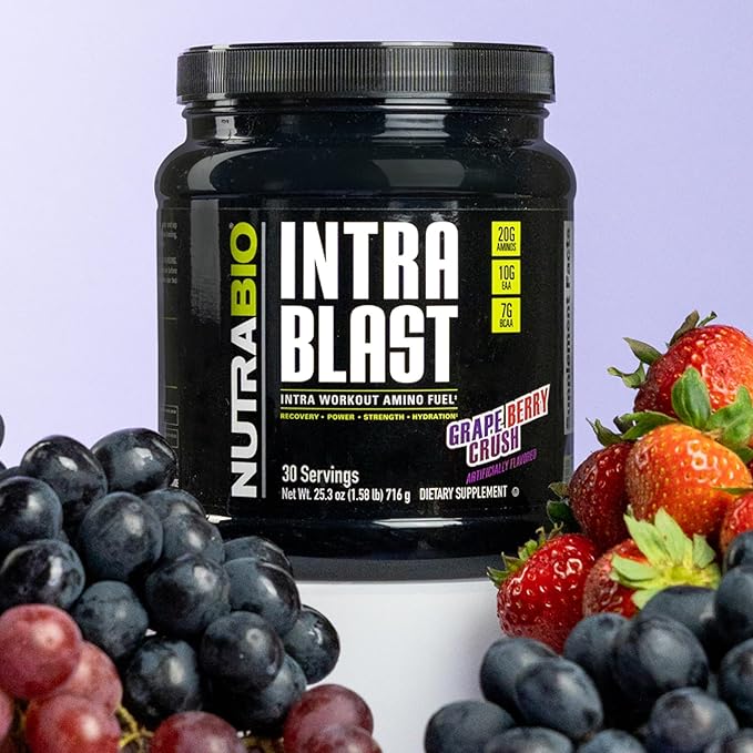 NutraBio Intra Blast Bcaa Powder Amino Acid Supplement, Electrolyte & Hydration Blend, Intra, Pre Workout & Muscle Recovery, 20g Eaa Amino Acids Powder, 5g Glutamine- Grape Berry Crush, 30 Serving