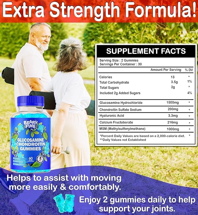 Glucosamine Chondroitin Gummies – 1500mg Extra Strength with MSM – for Adults, Men & Women – 60 Gummies – Made in The USA