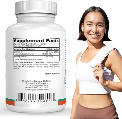 Vitamin D3 2000 IU with K2-90 Chewable Tablets with Cherry Flavoring-Natural Energy Booster-Supports Vitality, Immune Health, & Overall Wellness-Vitamin D3 with Vitamin K2 for Men & Women