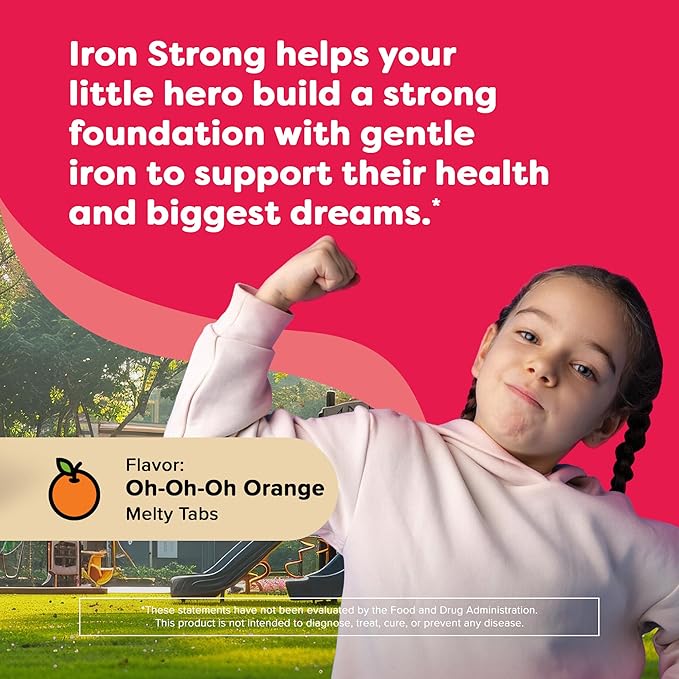 Renzo's Iron Supplements for Kids, Dissolvable Vegan Iron Supplement with Vitamin C, Sugar Free, Oh-Oh-Oh Orange Flavor, 90 Melty Tabs