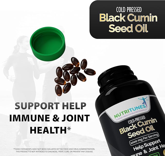 Black Cumin Seed Oil 1000mg – Cold-Pressed High Potency Vegan Supplement – Immune & Digestive Health Support – Non-GMO, Free of Gluten, Soy, Lactose & BSE – 120 Softgels