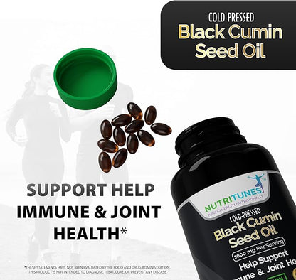 Black Cumin Seed Oil 1000mg – Cold-Pressed High Potency Vegan Supplement – Immune & Digestive Health Support – Non-GMO, Free of Gluten, Soy, Lactose & BSE – 120 Softgels