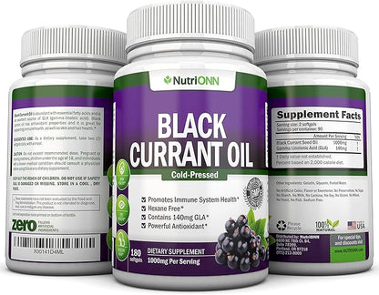 Black Currant Oil - 1000 Mg - 180 Softgels - Cold-Pressed Pure Black Currant Seed Oil - Hexane Free - 140mg GLA Per Serving - Regulates Hormonal Balance - Great for Immune System, Hair and Skin