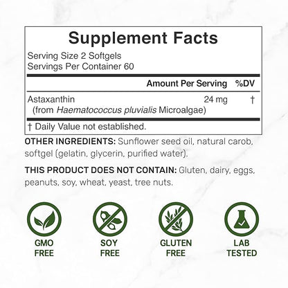 Astaxanthin 24mg Per Serving, 120 Softgels – Double Strength Microalgae – Natural Haematococcus Pluvialis Source – Antioxidant Supplements for Skin, Eyes, Joints, & Immune Support – Non-GMO