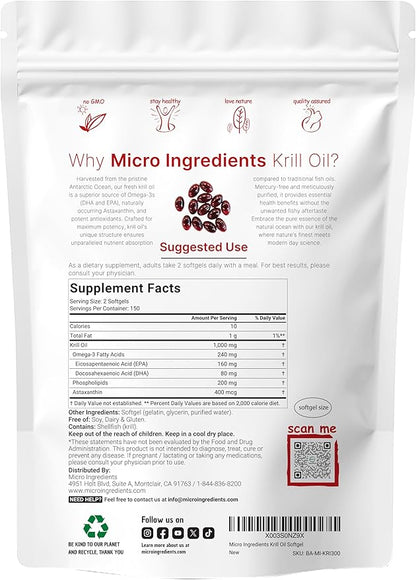 Micro Ingredients Antarctic Krill Oil Supplement with Natural Astaxanthin, 1000mg Per Serving, 300 Soft-Gels, Rich in Omega-3s EPA & DHA, Supports Immune System & Brain Health, Easy to Swallow
