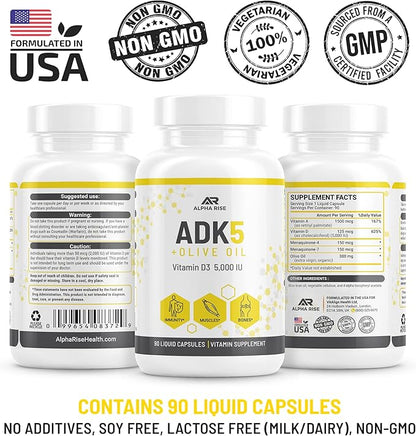 ADK Vitamin Supplement + Olive Oil for Better Absorption | ADK 5 Supplement with Vitamin A D and K | 5000 iu of Vitamin D3 + K2 (MK7+MK4) | 90 Liquid Capsules | Vegetarian | Non-GMO