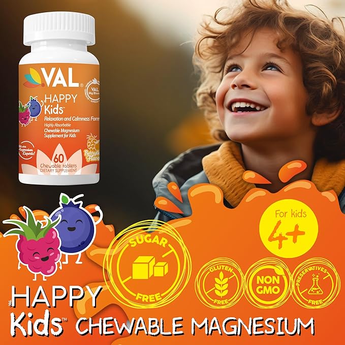 VAL Magnesium for Kids | High-Absorption Magnesium for Calm, Relaxation & Focus | Mg Glycinate, Citrate & Taurate | with Vitamin B6, D & C | Sugar-Free, Non-GMO | 60 Chewable Tablets