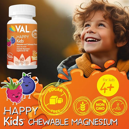 VAL Magnesium for Kids | High-Absorption Magnesium for Calm, Relaxation & Focus | Mg Glycinate, Citrate & Taurate | with Vitamin B6, D & C | Sugar-Free, Non-GMO | 60 Chewable Tablets