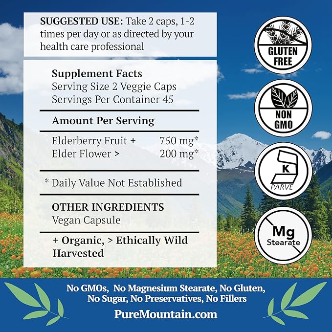 Pure Mountain Botanicals Elderberry Supplement - Vegan Kosher Capsules with 750mg Organic Elderberry and 200mg Elderflower