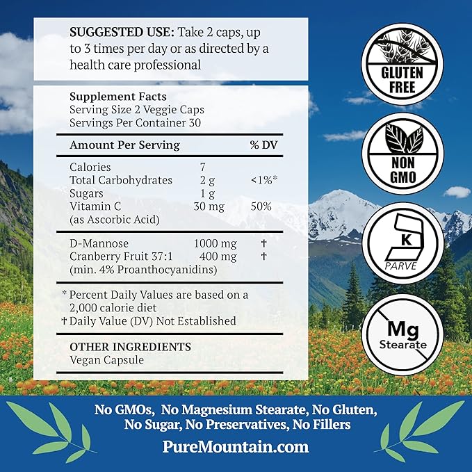 Pure Mountain Botanicals Cranberry D Mannose Capsules - 60 Kosher Vegan Caps - 1000mg D Mannose with Cranberry Concentrate Plus Vitamin C