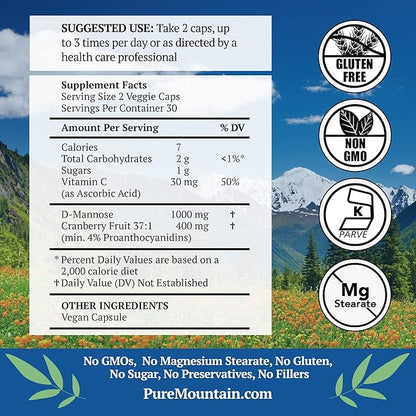 Pure Mountain Botanicals Cranberry D Mannose Capsules - 60 Kosher Vegan Caps - 1000mg D Mannose with Cranberry Concentrate Plus Vitamin C