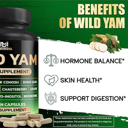 BMVINVOL Wild Yam Supplement | Red Clover, Black Cohosh, Evening Primrose, Berberine, Myo-Inositol - Hormone Balance for Women [ 90 Capsules]