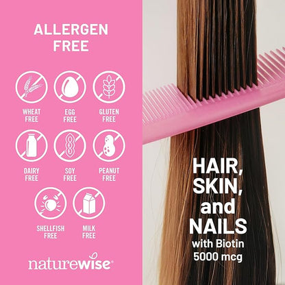 NatureWise Hair Skin and Nails Vitamin, Biotin 5000mcg w/Hyaluronic Acid, Collagen for Women with C, B Complex, D3, A, E, Iron - Non-GMO, Gluten Free - 150 Softgels[50-Day Supply]